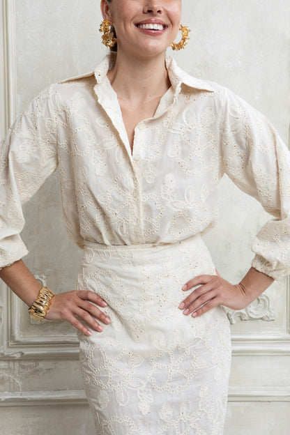 IVORY MIDI SKIRT WITH RAISED EMBROIDERED FLOWERS AND GOLD DETAILS