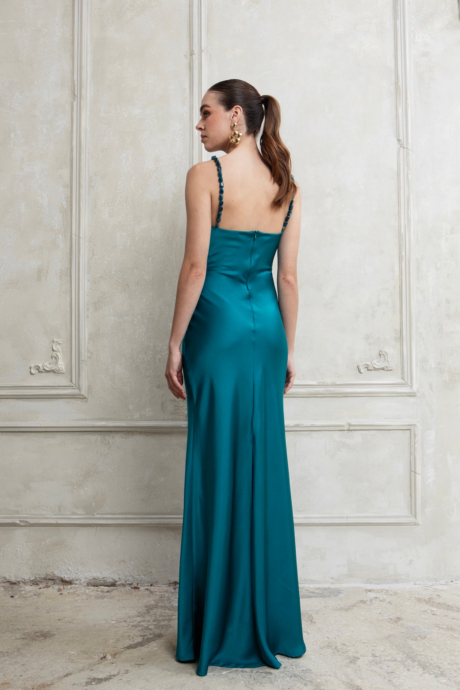 RICH TEAL MAXI SATIN DRESS WITH BEADS