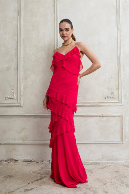 STRAWBERRY SORBET MAXI DRESS WITH RUFFLES