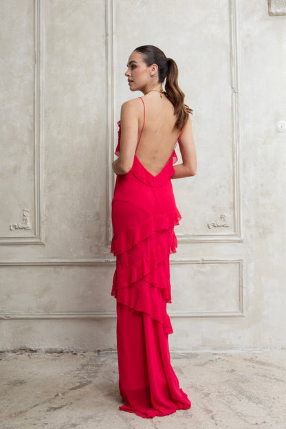 STRAWBERRY SORBET MAXI DRESS WITH RUFFLES