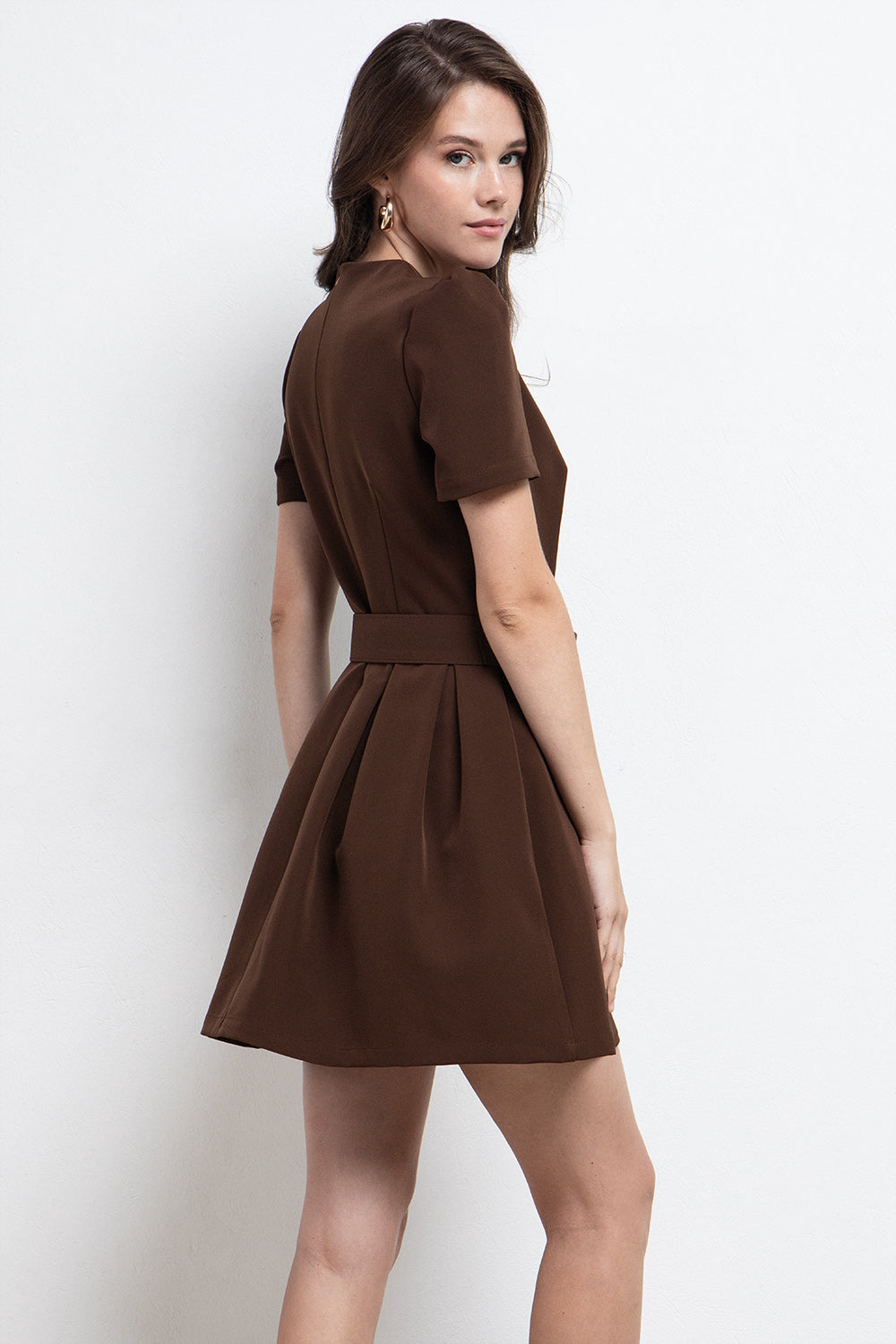 ELODIE CHOCOLATE BROWN PUFF SLEEVE FLARE MINI DRESS