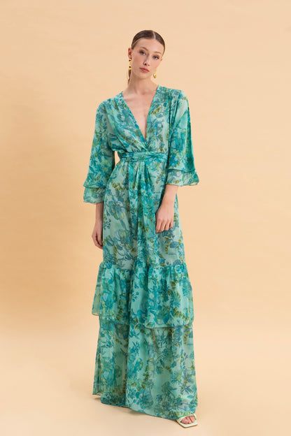 BOTANICAL BREEZE KIMONO DRESS WITH RUFFLES