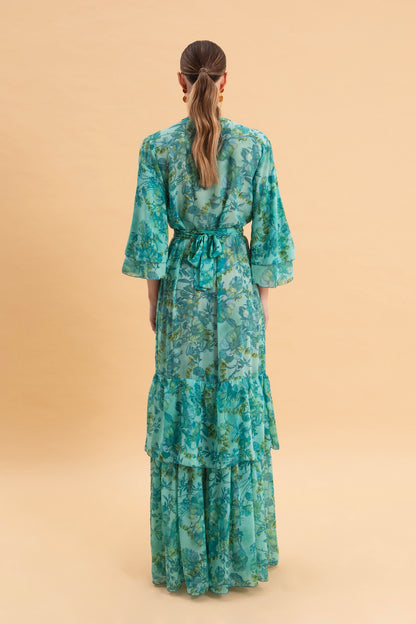 BOTANICAL BREEZE KIMONO DRESS WITH RUFFLES