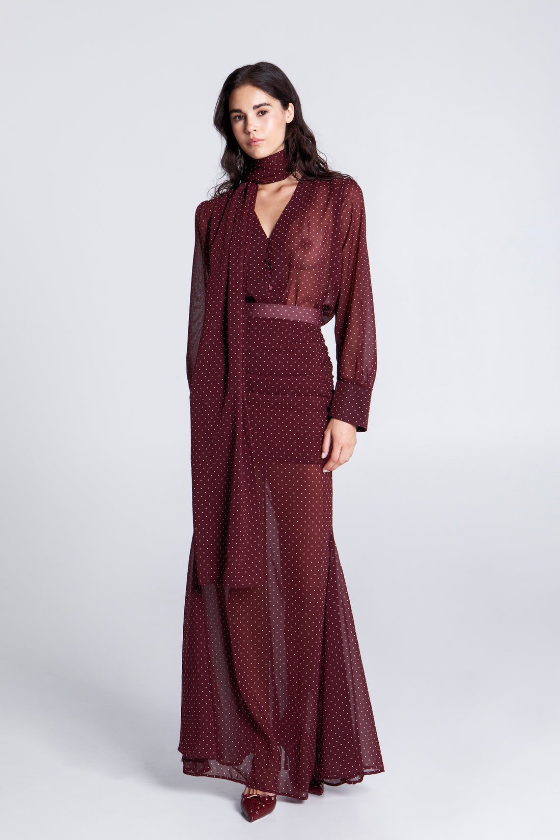 BURGUNDY  POLKA DOTS MAXI SKIRT