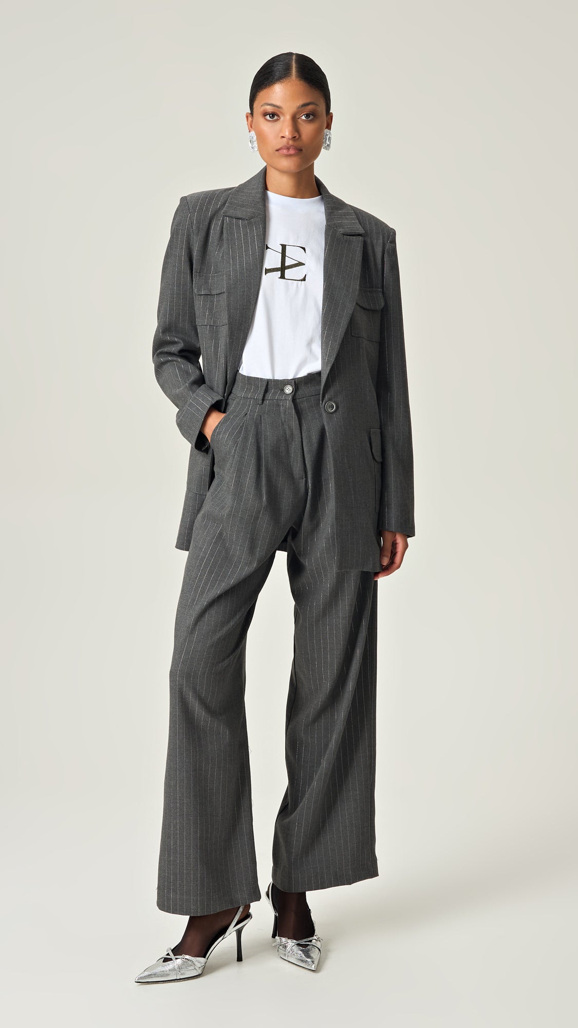 EXECUTIVE EDGE PINSTRIPE BLAZER WITH SILVER LUREX DETAILS