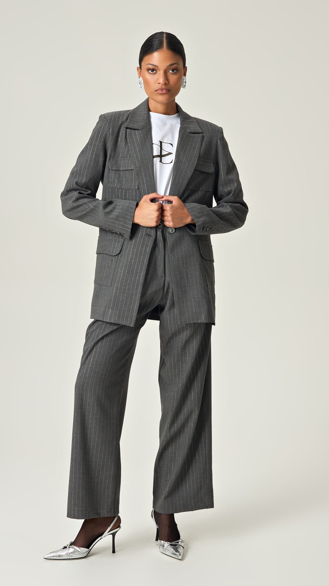 EXECUTIVE EDGE PINSTRIPE BLAZER WITH SILVER LUREX DETAILS