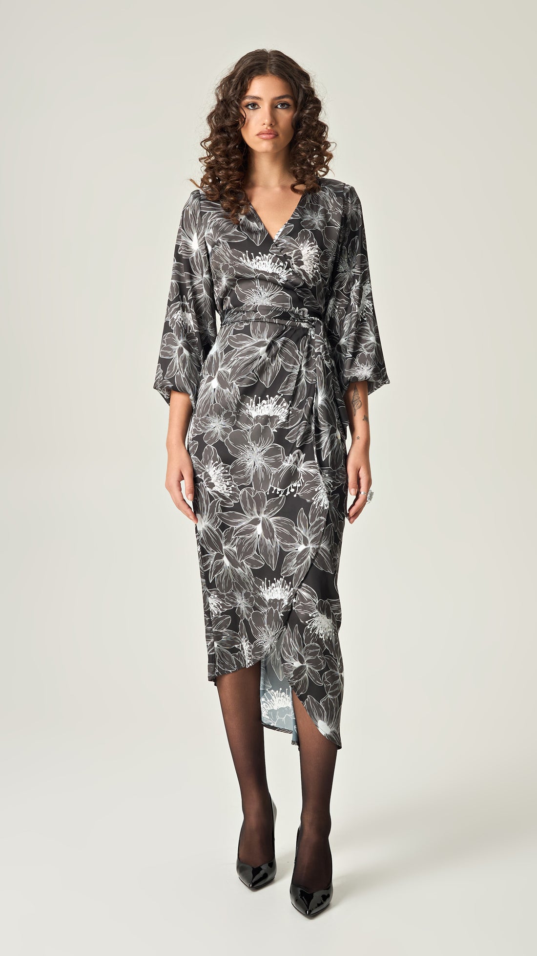 STARLIGHT PETALS MIDI SATIN WRAP DRESS