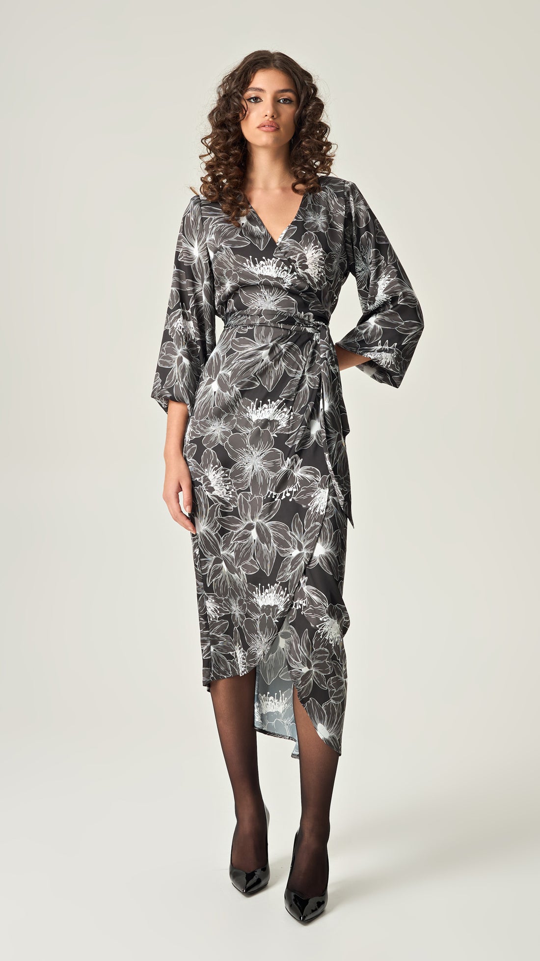 STARLIGHT PETALS MIDI SATIN WRAP DRESS