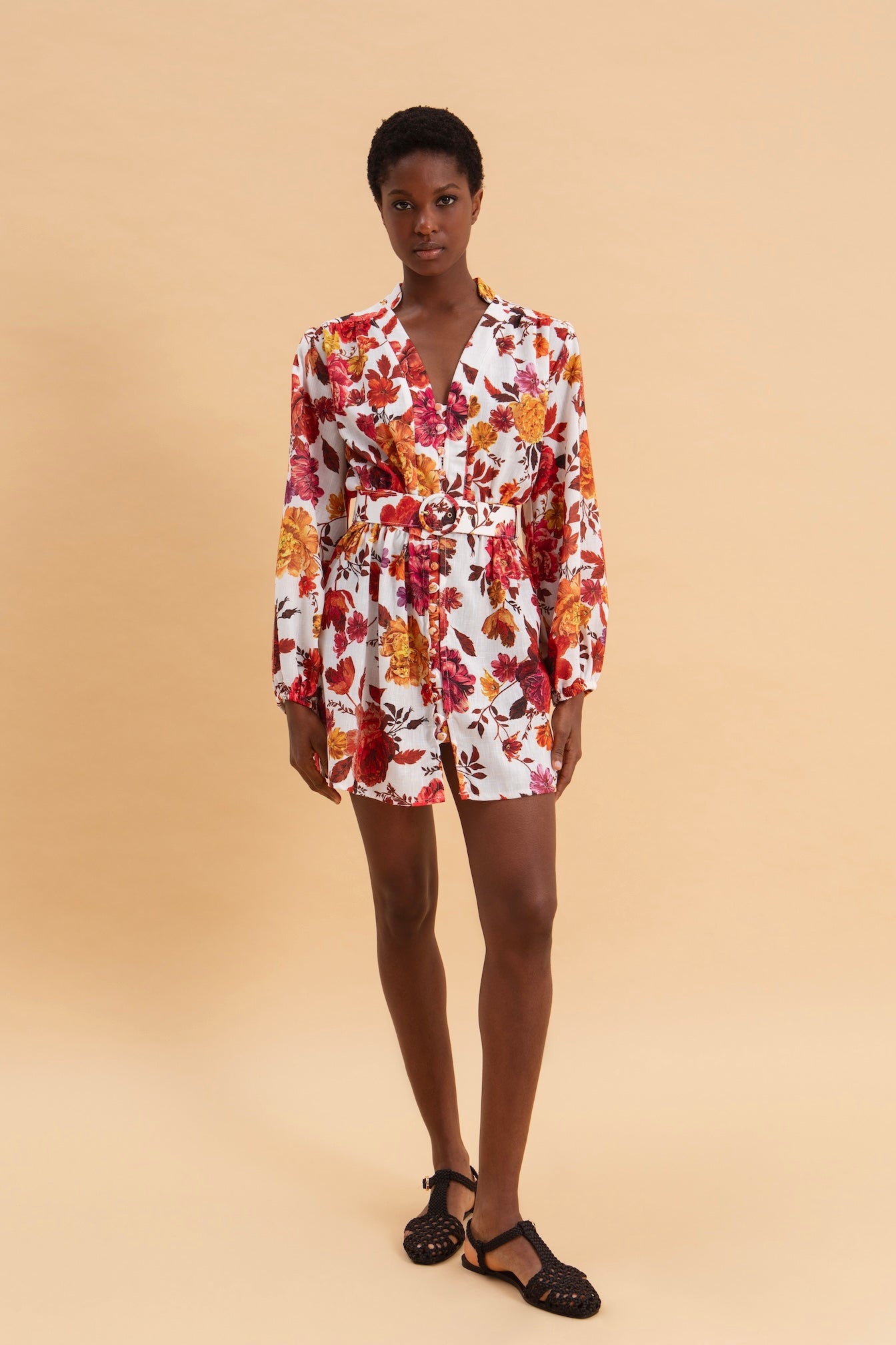 SPRING BOUQUET MINI LINEN DRESS WITH BELT
