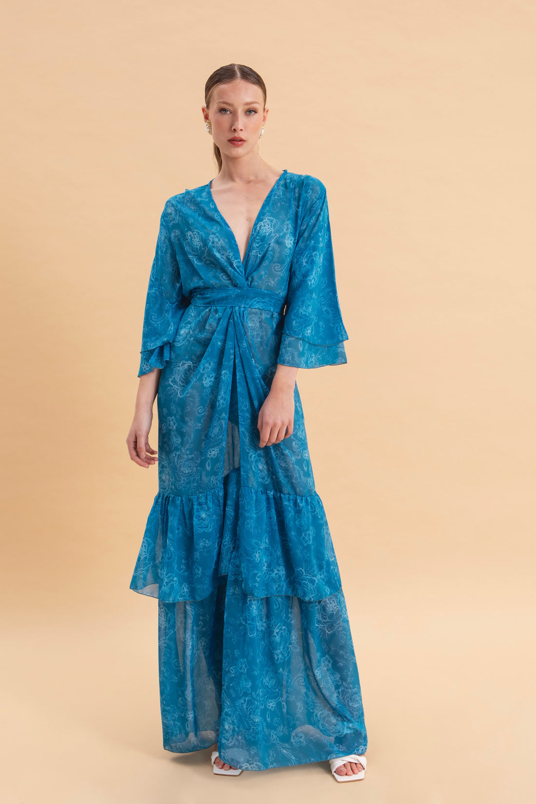 AQUATIC ELEGANCE KIMONO DRESS WITH RUFFLES