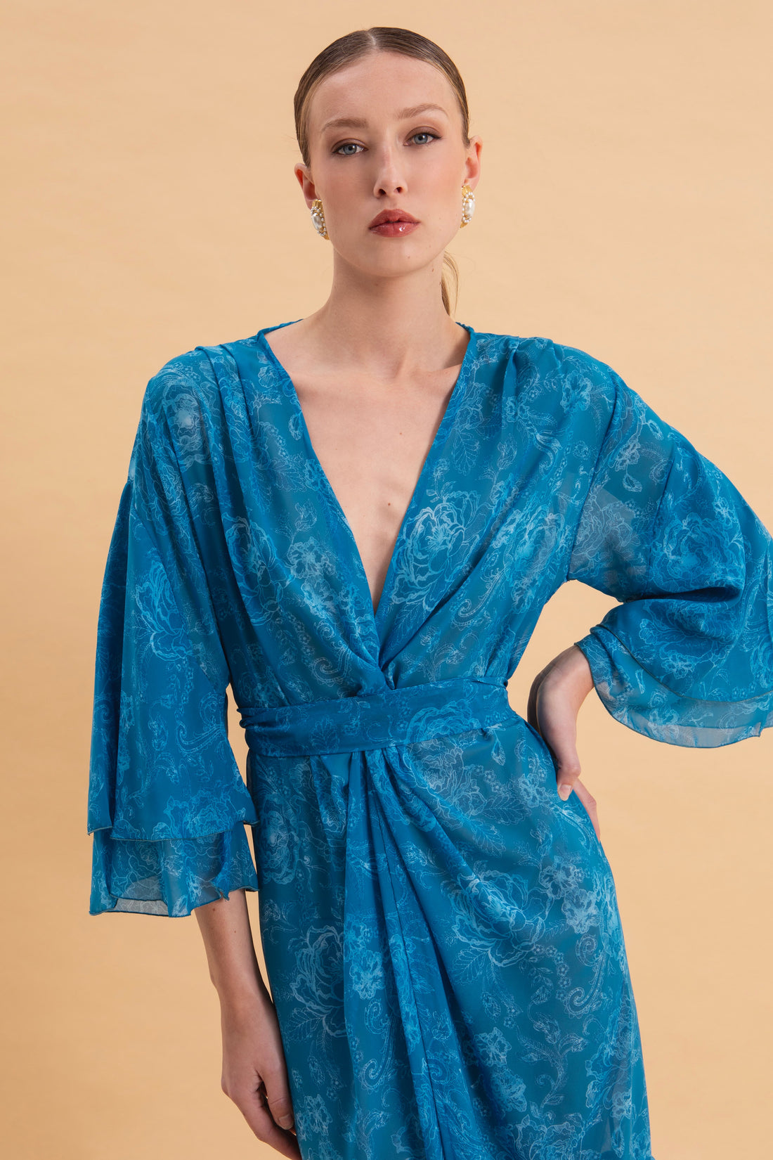 AQUATIC ELEGANCE KIMONO DRESS WITH RUFFLES