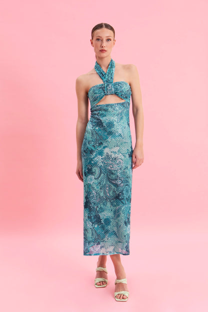 PAISLEY WAVES MIDI SEQUINED DRESS