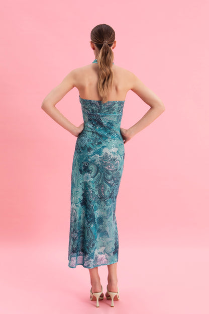 PAISLEY WAVES MIDI SEQUINED DRESS