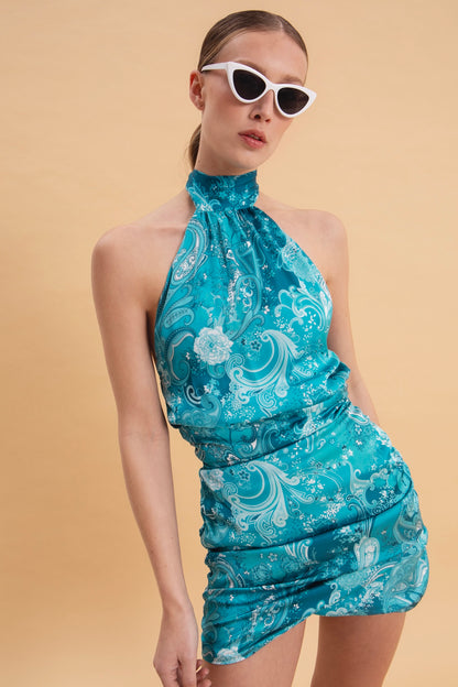 PAISLEY WAVES MINI SATIN HALTERNECK DRESS