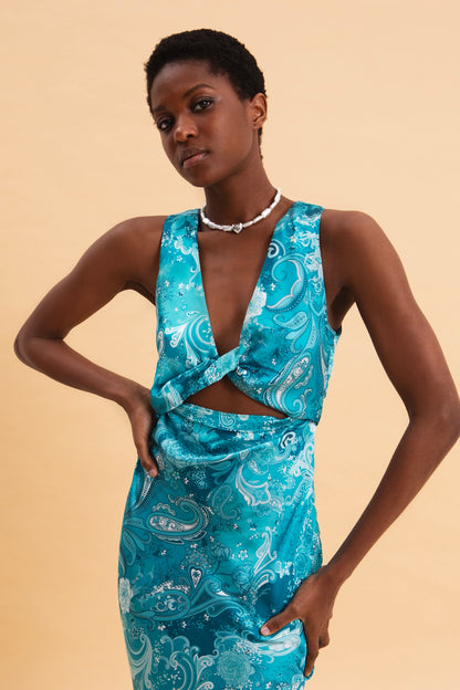 PAISLEY WAVES MIDI SATIN DRESS