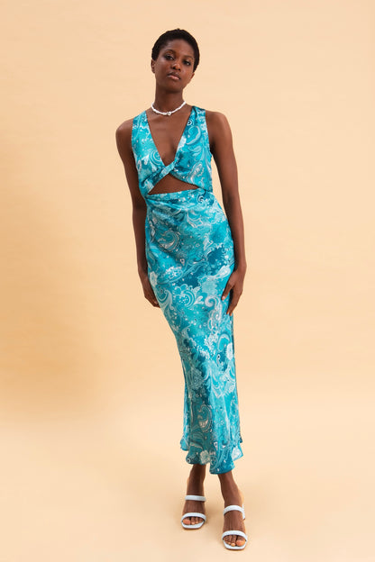 PAISLEY WAVES MIDI SATIN DRESS