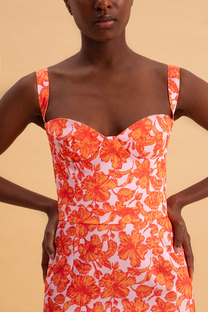 CORAL HIBISCUS MIDI 100% COTTON JEAN DRESS
