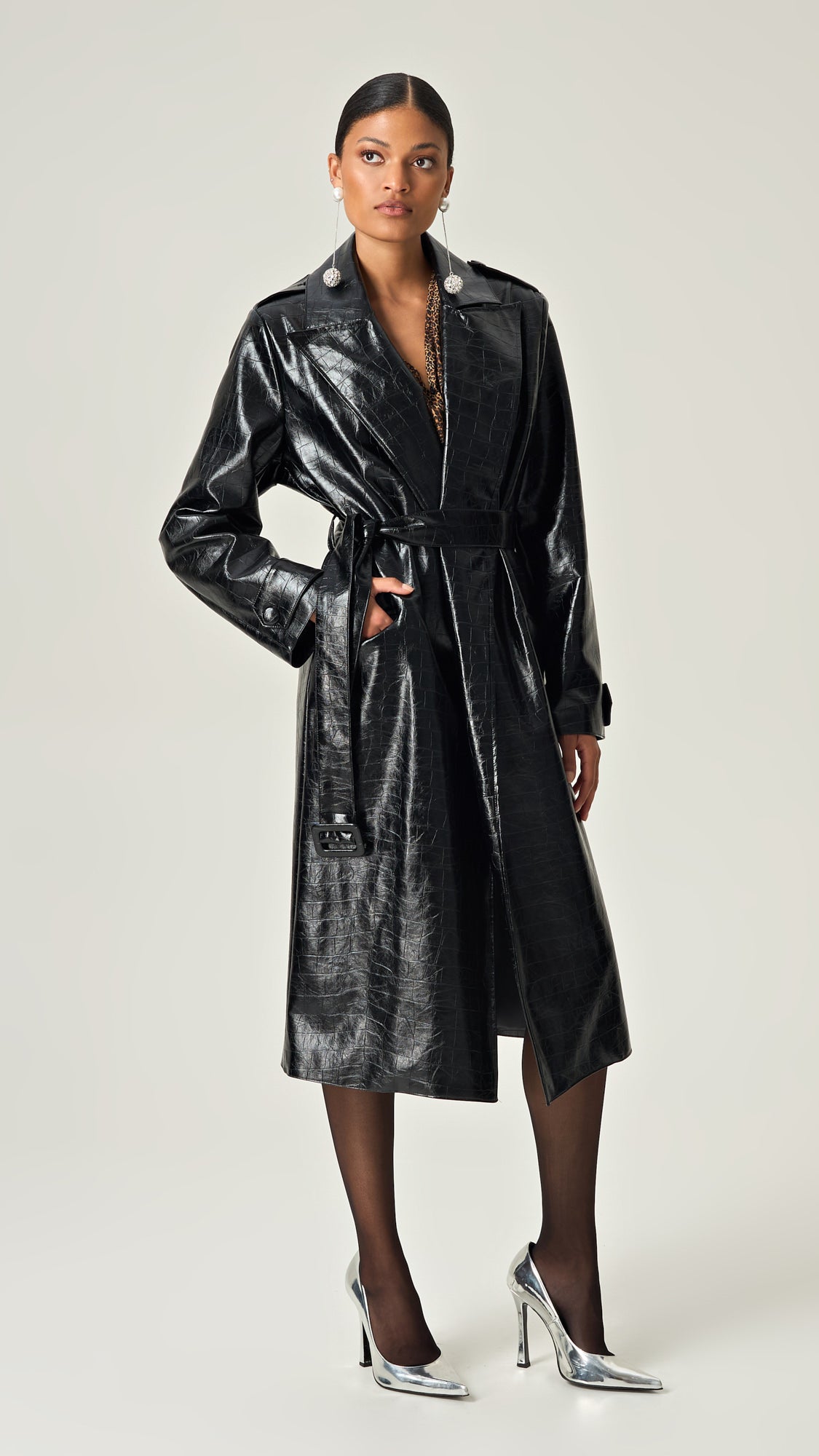 MIDNIGHT CROCO POWER TRENCH COAT