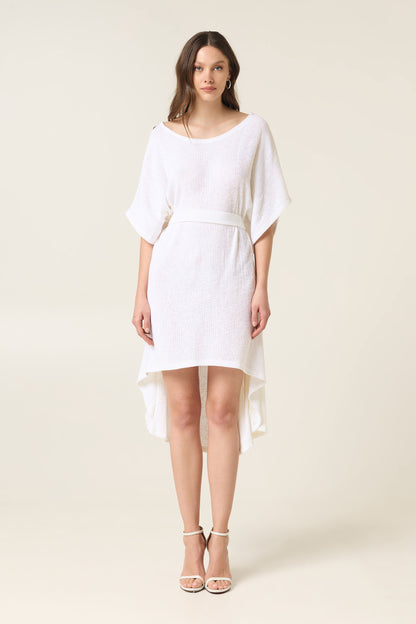 CLOUD DANCER ASYMMETRICAL COTTON DRESS WITH BELT