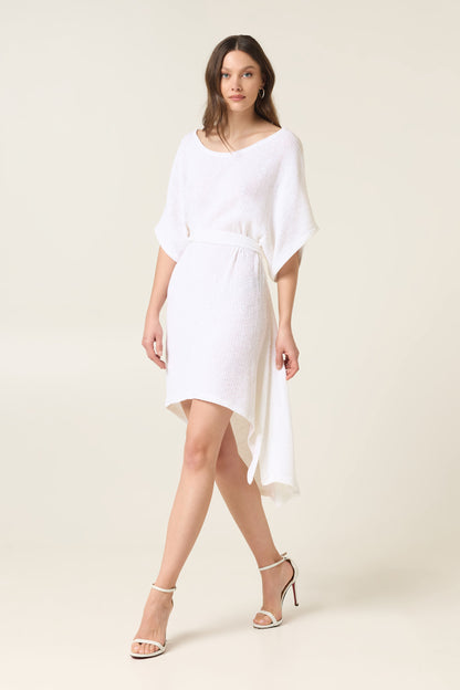 CLOUD DANCER ASYMMETRICAL COTTON DRESS WITH BELT