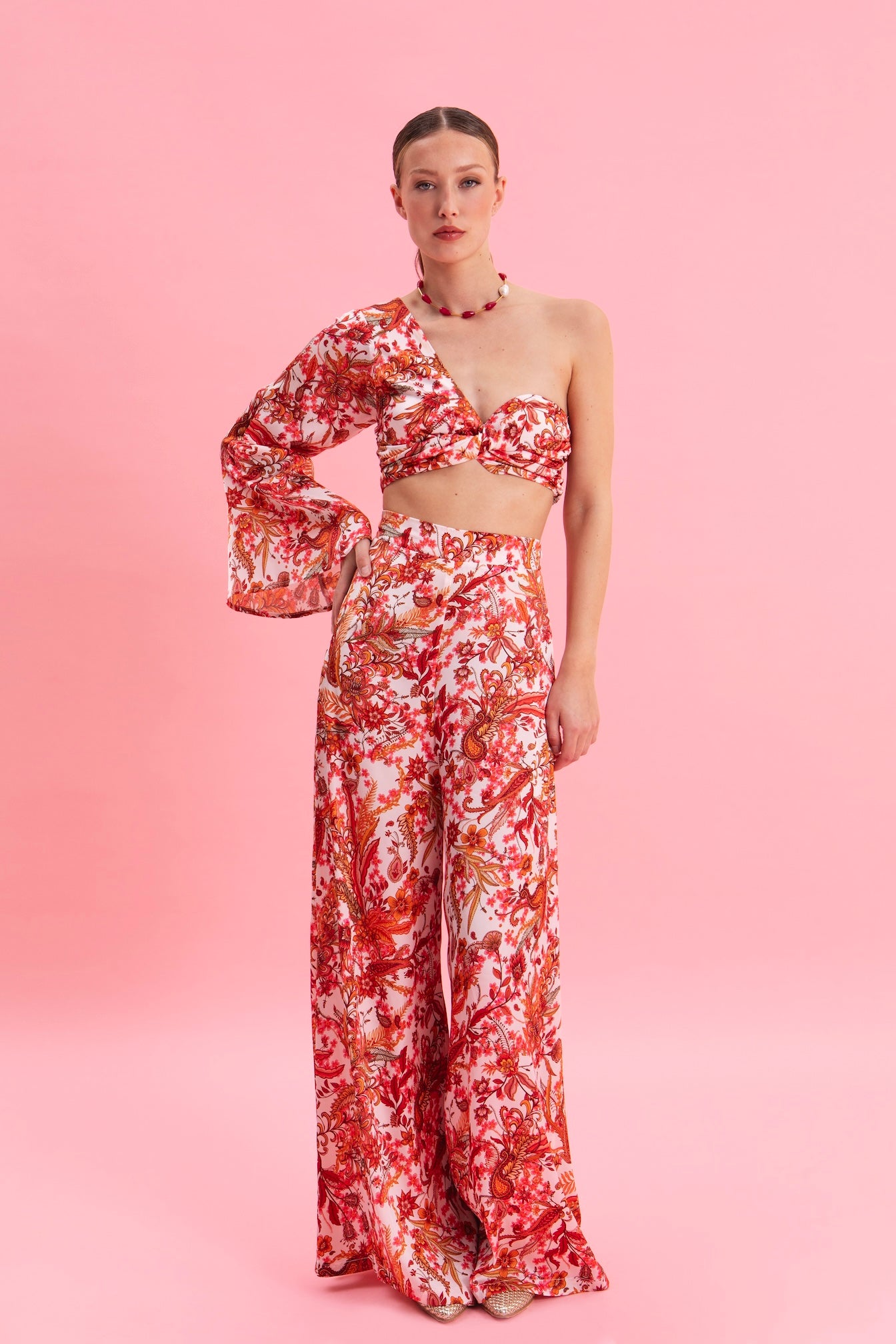RUSTIC ROMANCE ONE SHOULDER SATIN TOP