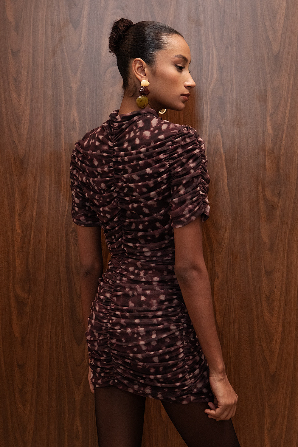 BURGUNDY BAMBI PRINT MESH MINI SKIRT