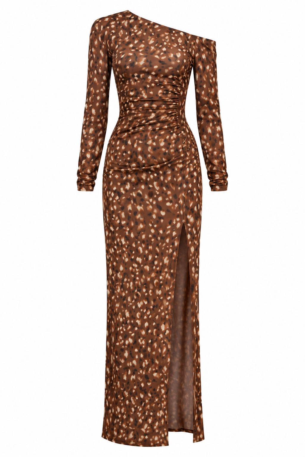 CARAMEL BAMBI PRINT ONE SHOULDER MAXI DRESS