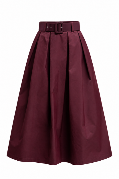CARMILLA BURGUNDY BELTED A LINE MIDI SKIRT