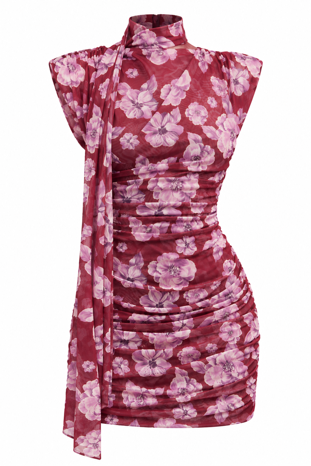 ROSALIE FLORAL MESH RUCHED MINI DRESS