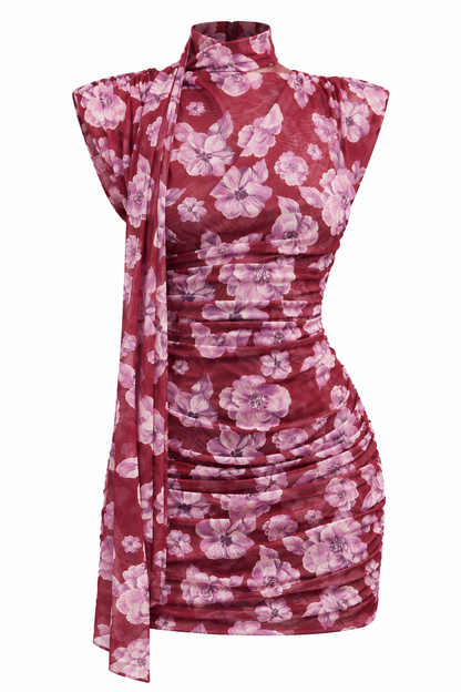 ROSALIE FLORAL MESH RUCHED MINI DRESS