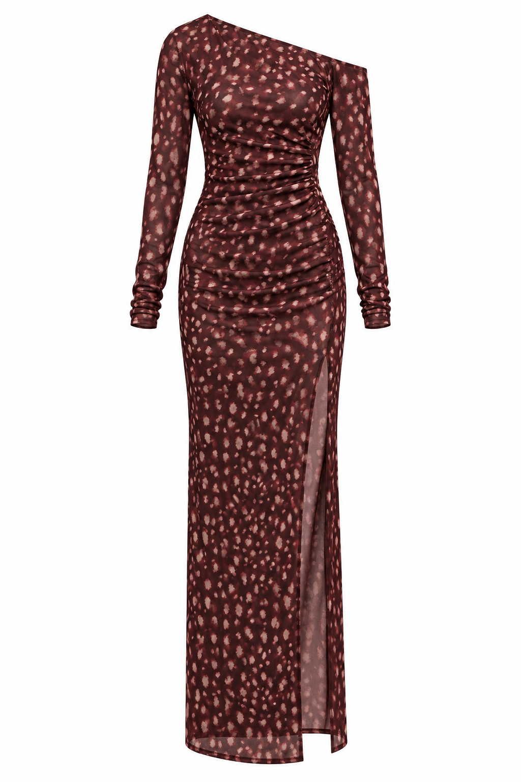 BURGUNDY BAMBI PRINT RUCHED ONE SHOULDER MAXI DRESS
