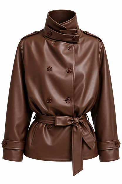 CHOCOLATE BROWN FAUX LEATHER BELTED JACKET