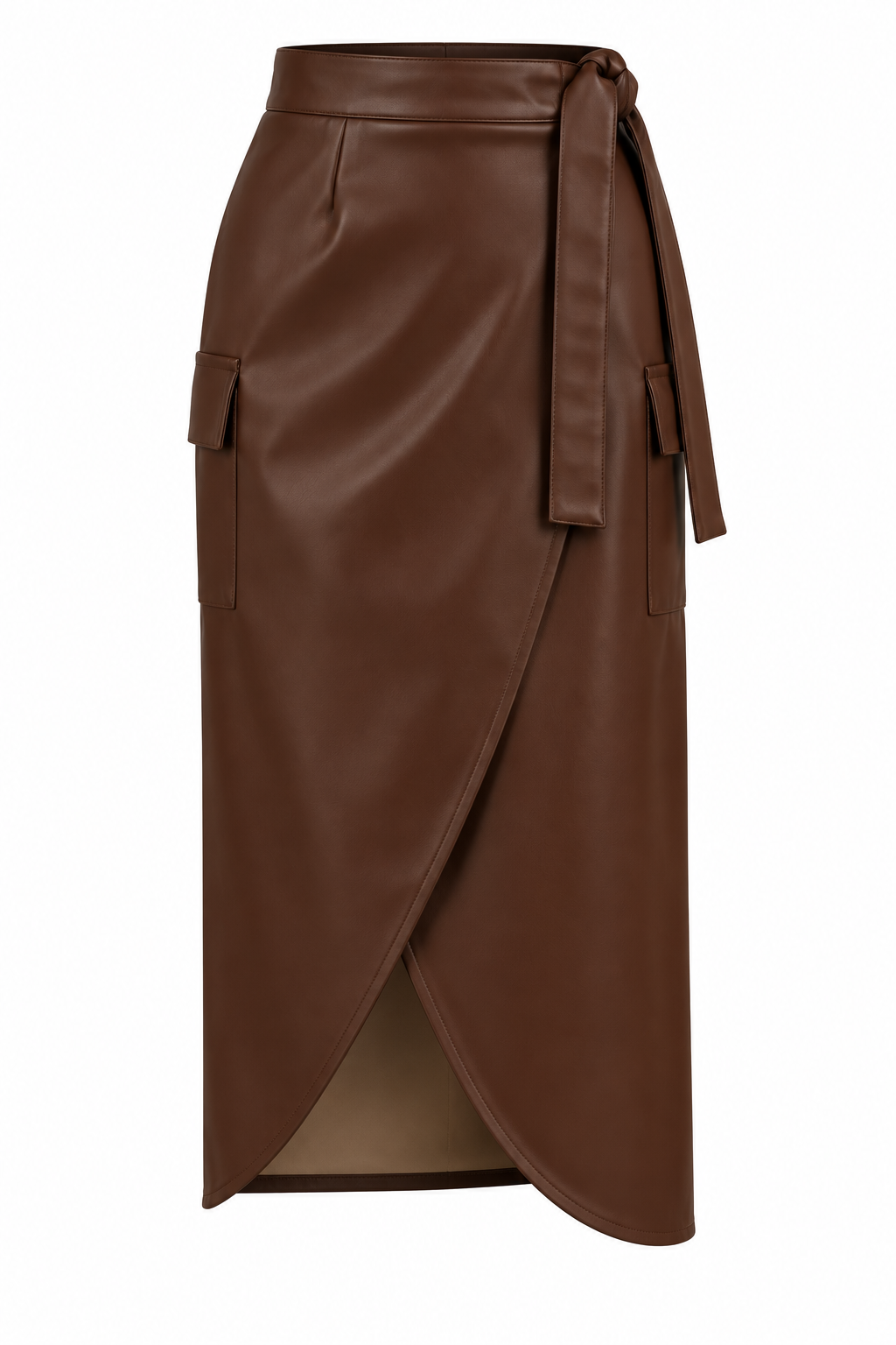 CHOCOLATE BROWN FAUX LEATHER MIDI WRAP SKIRT