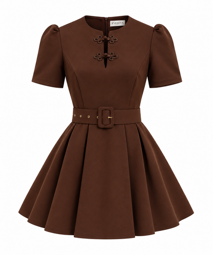 ELODIE CHOCOLATE BROWN PUFF SLEEVE FLARE MINI DRESS