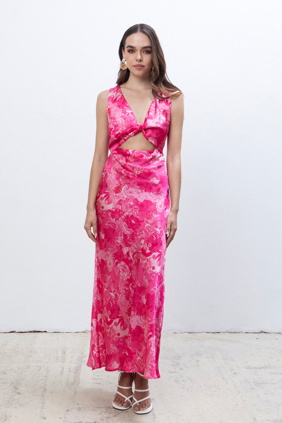 FUCHSIA PAISLEY MIDI SATIN DRESS