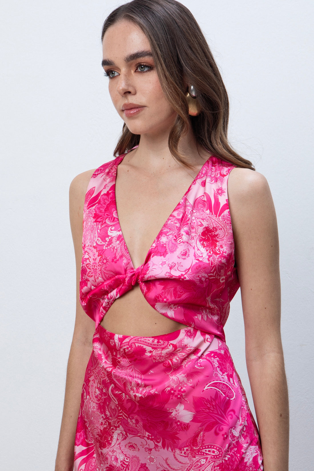 FUCHSIA PAISLEY MIDI SATIN DRESS