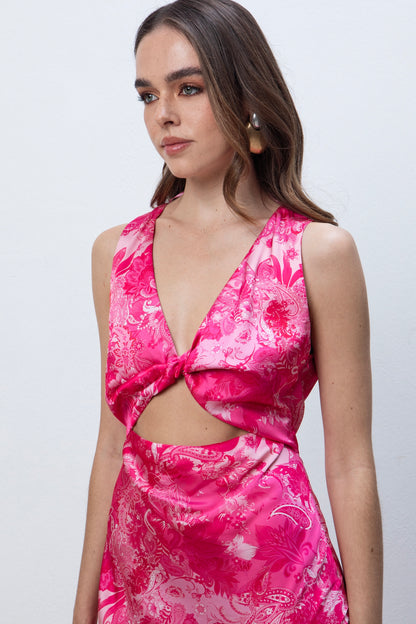 FUCHSIA PAISLEY MIDI SATIN DRESS