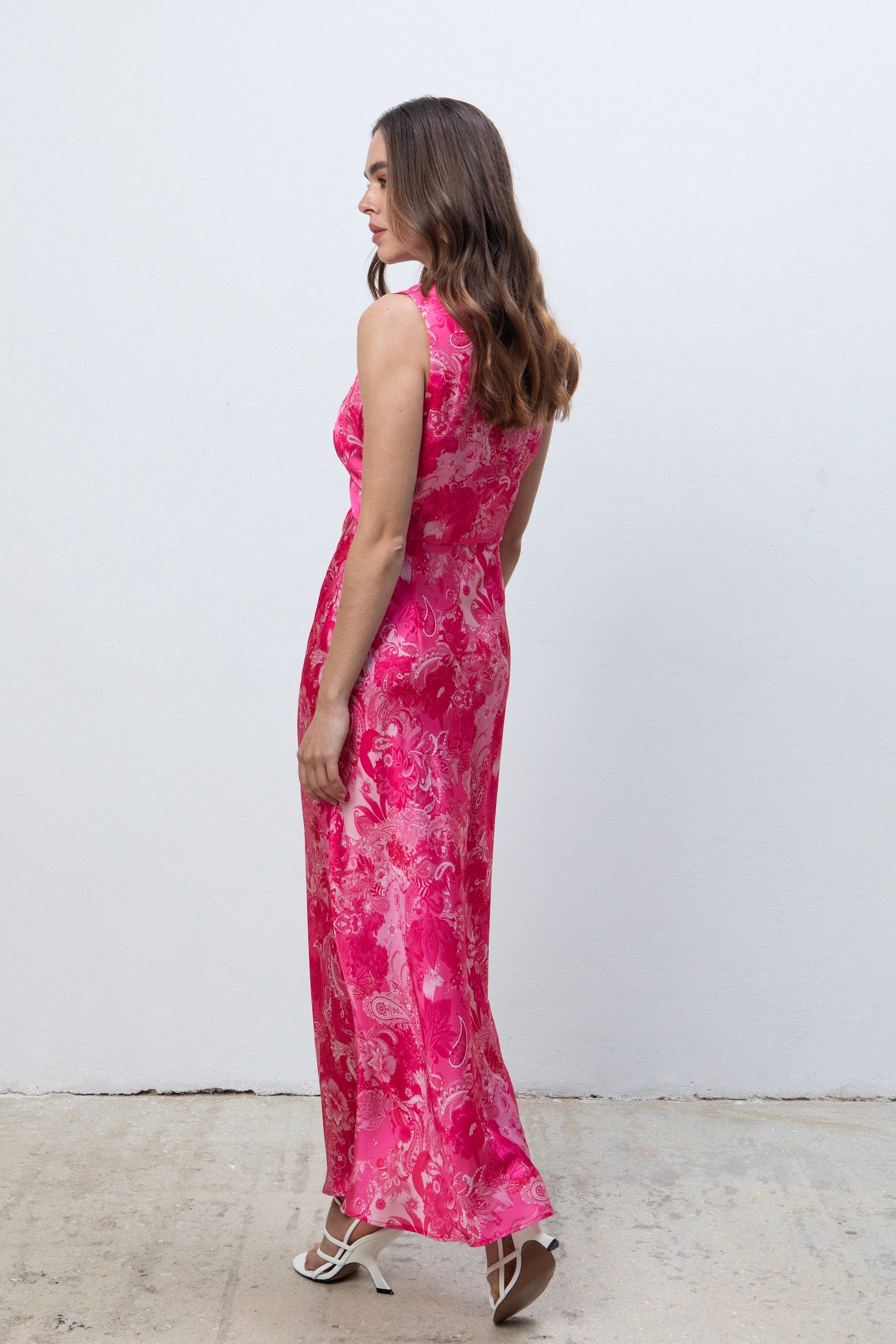 FUCHSIA PAISLEY MIDI SATIN DRESS