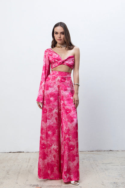 FUCHSIA PAISLEY ONE SHOULDER SATIN TOP