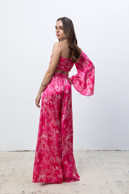 FUCHSIA PAISLEY ONE SHOULDER SATIN TOP