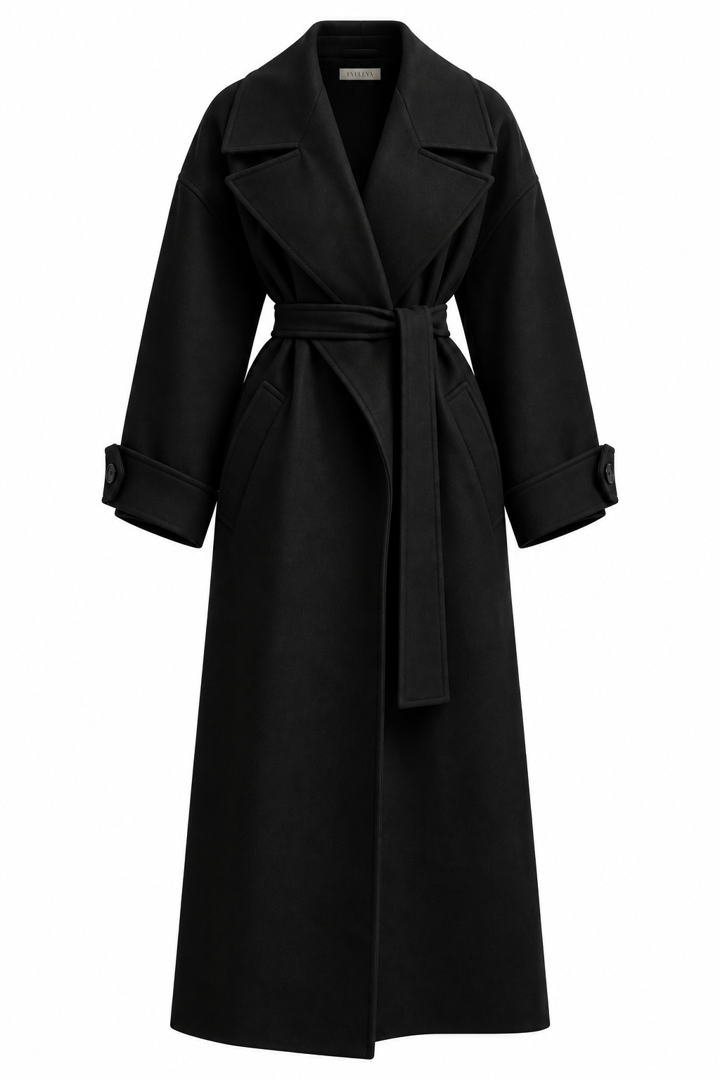 BLACK OVERSIZED BELTED MAXI COAT
