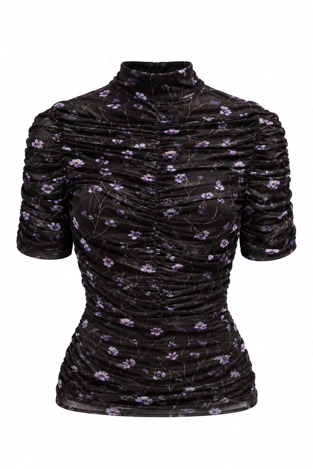 VIOLETTA RUCHED FLORAL MESH TOP