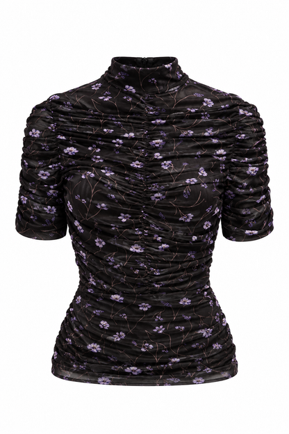 VIOLETTA RUCHED FLORAL MESH TOP