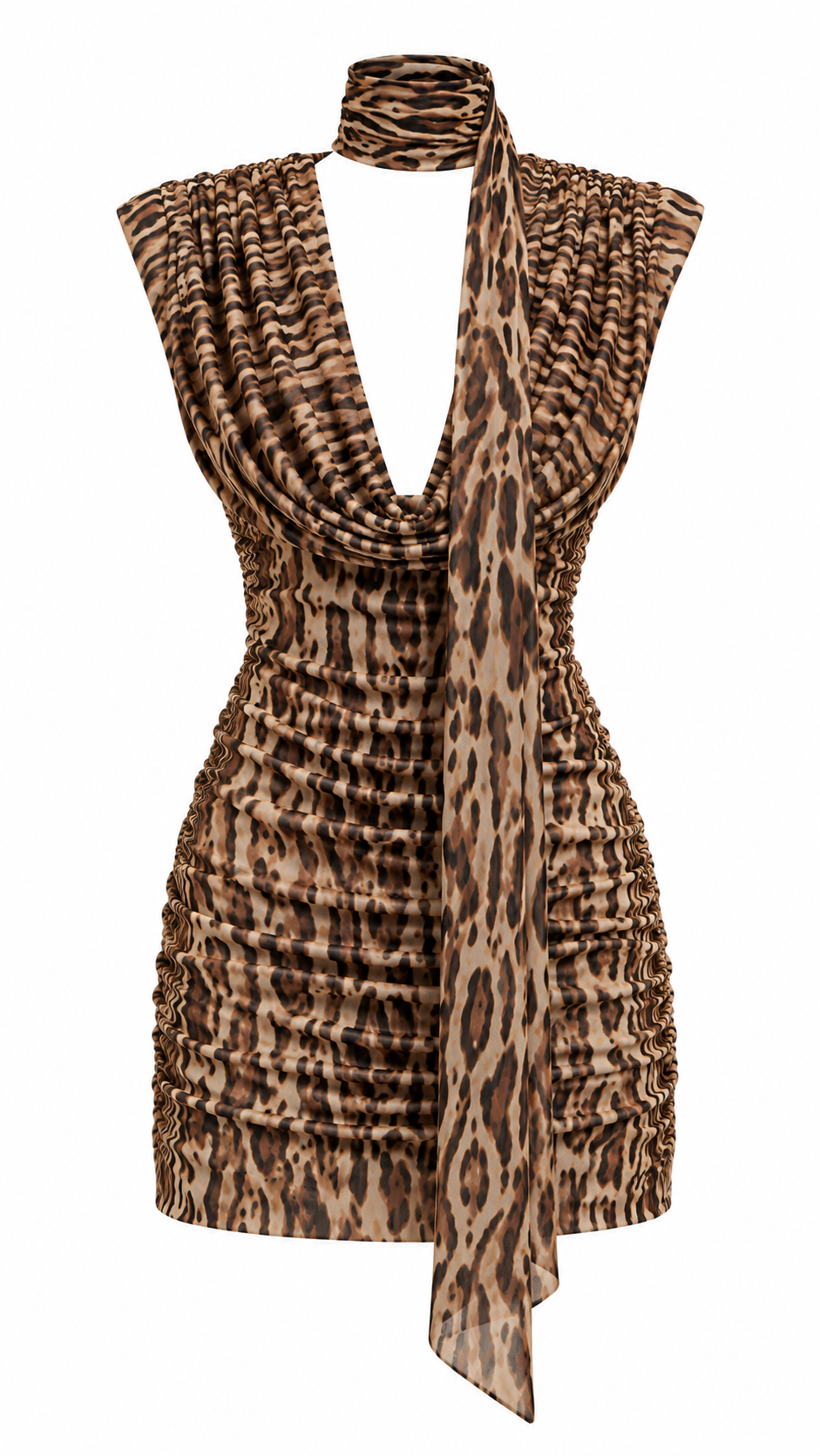 SAVANAH ANIMAL PRINT MESH RUCHED MINI DRESS