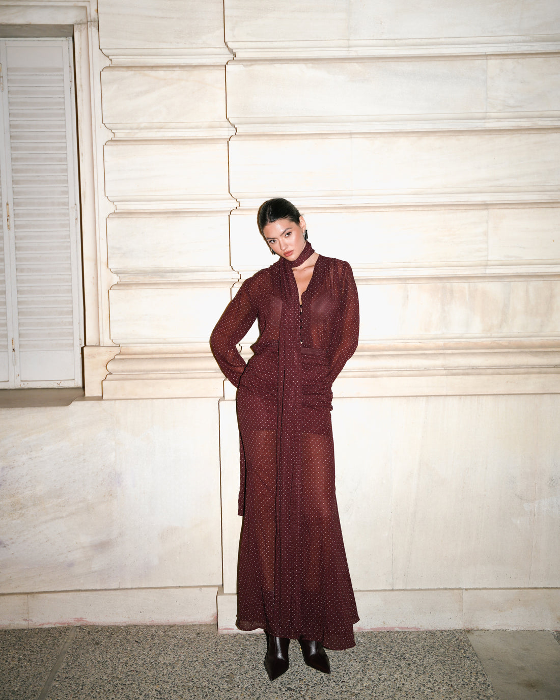 BURGUNDY  POLKA DOTS MAXI SKIRT