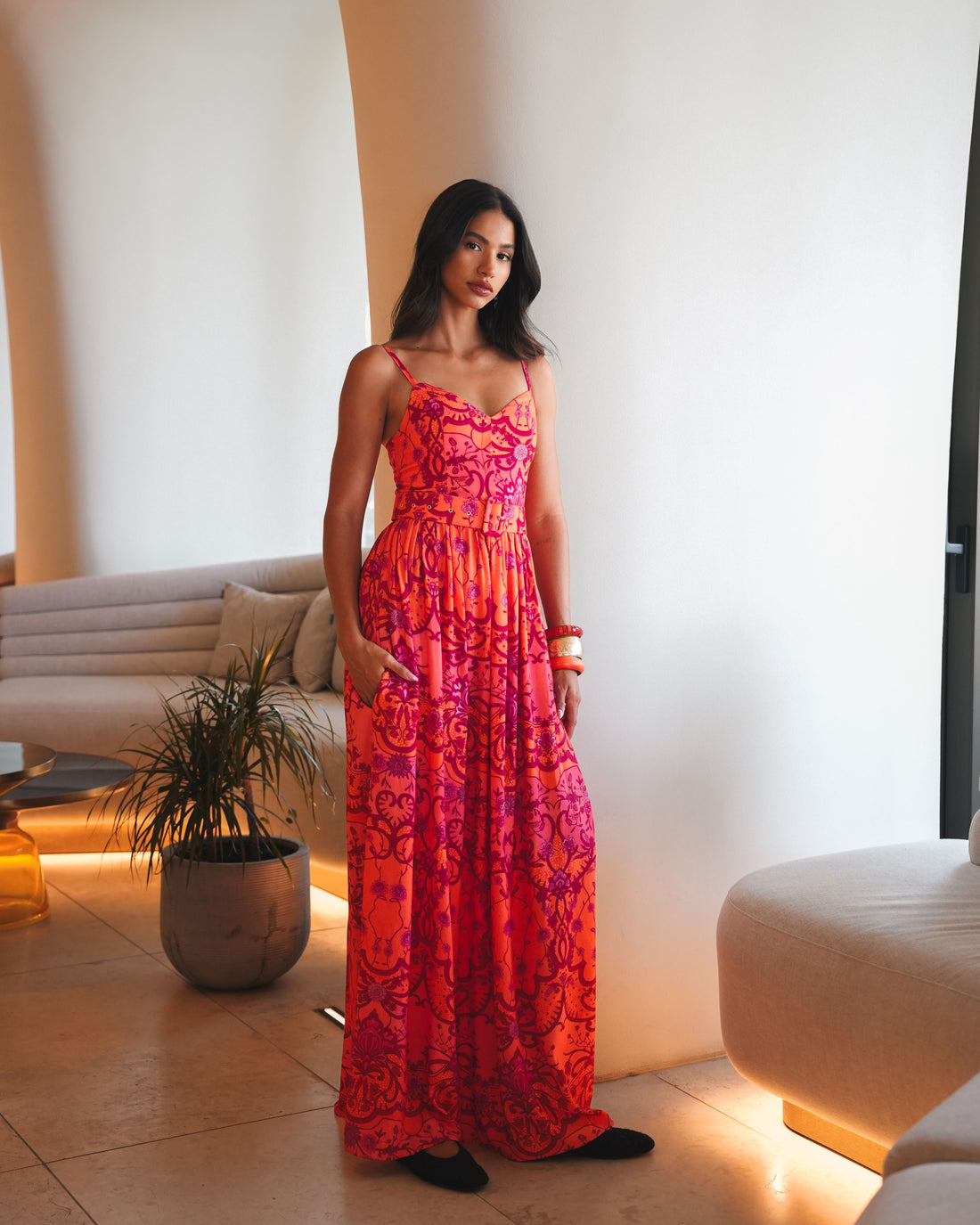 AMBER WAVES 100% VISCOSE MAXI DRESS WITH BELT