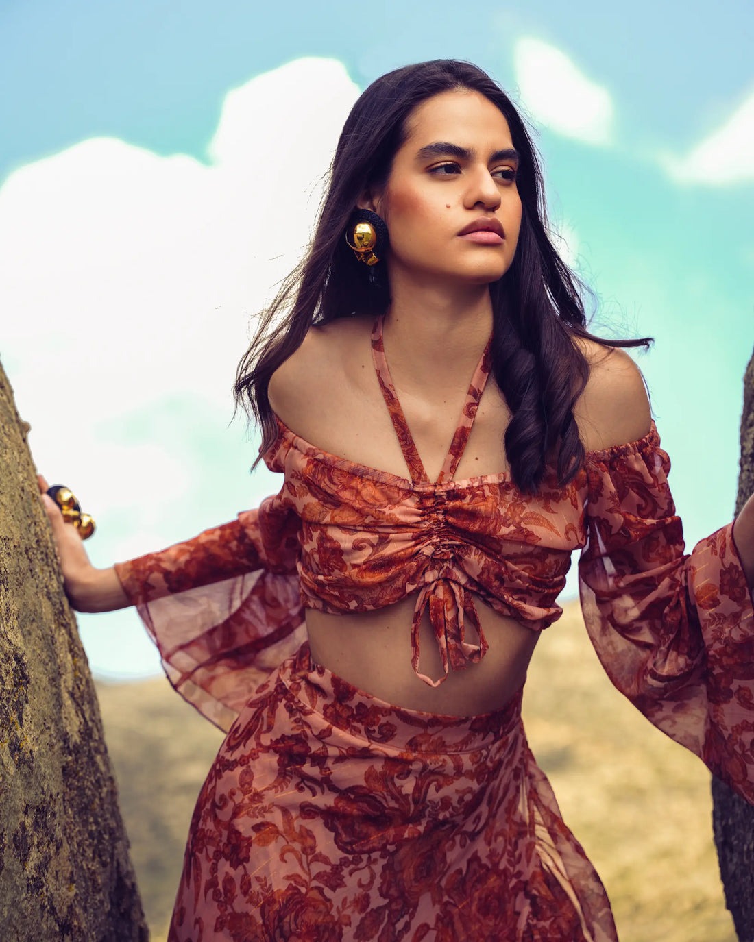 CINNAMON BLOOMS MAXI WRAP SKIRT WITH GOLD DETAILS