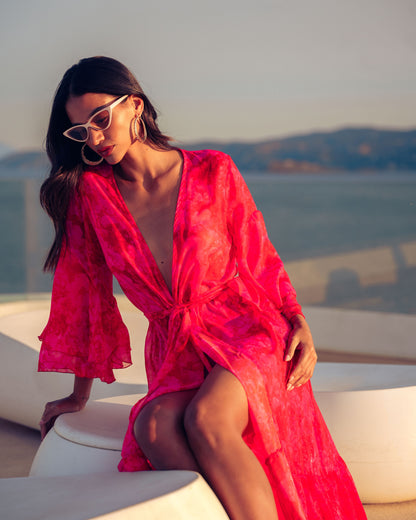 RUBY ROSE KIMONO DRESS WITH RUFFLES